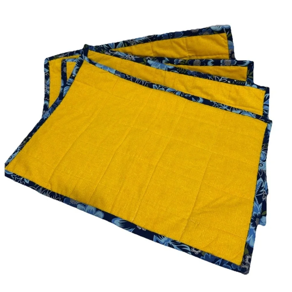 4 Placemats Reversible Country French/ Farmhouse Cotton  Gold/Blue‎ 17 x13
